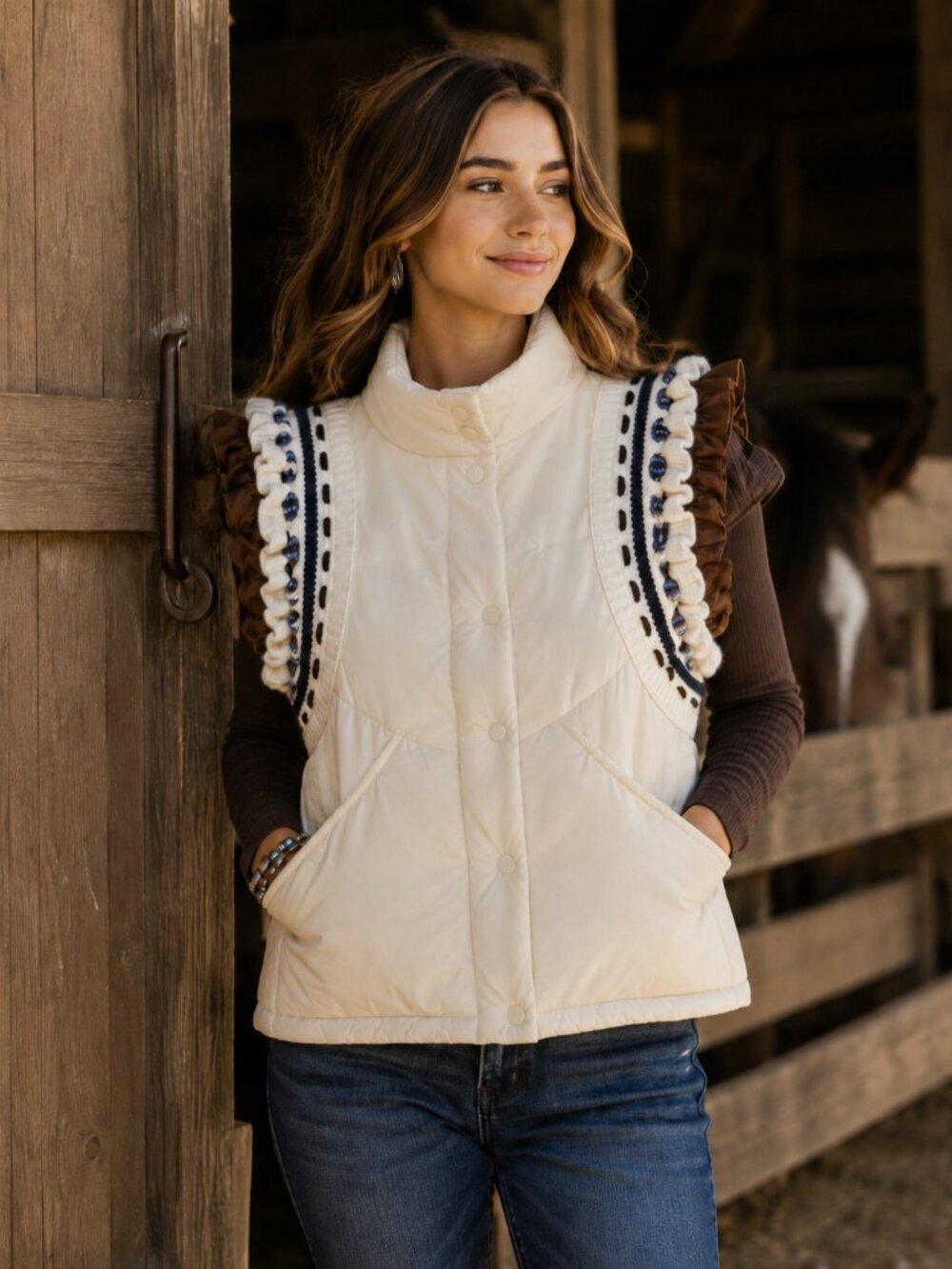Heyson Ivory Puffer Vest With Knit Ruffle Trim NWT